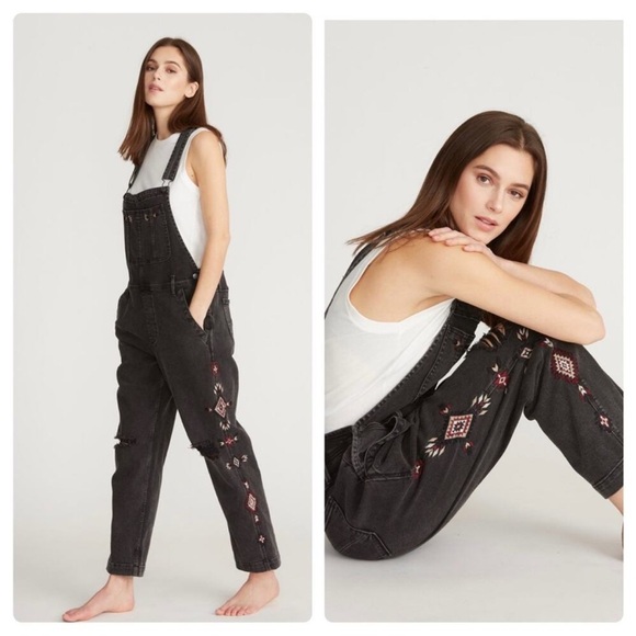 NWT Driftwood Black Denim Aztec Embroidered Distressed Women's Overalls Size XL